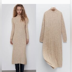 BERSHKA Neutral Fluffy Soft Knit Boho Contemporary Maxi Dress Size M